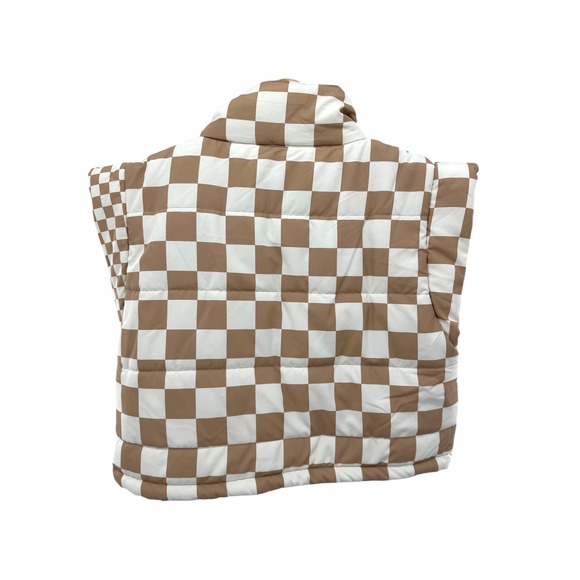 Beach Riot Canyon Puffer Vest Taupe Check‎ Cropped Sleeveless Zip Snap Women's M - Picture 5 of 5